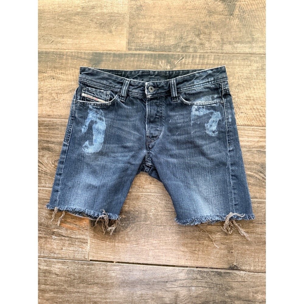 Diesel Industry Y2K Distressed Bleach Splatter Raw Hem Denim Shorts,Dark Wash 31